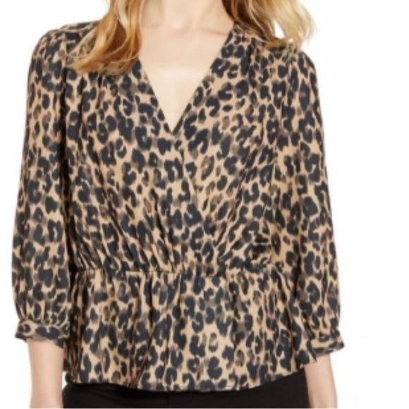 Halogen Leopard Print Faux Wrap Peplum Blouse, Sz S, from Nordstrom, Black, Tan - Picture 1 of 10
